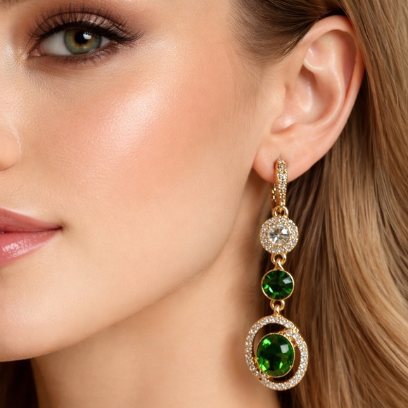 Givenchy Jewelry - Givenchy Statement Drop Gold Tone With Green And Clear Crystals Earrings